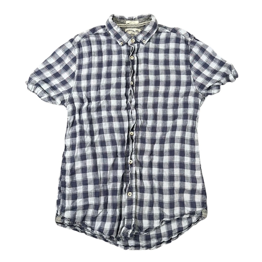 Heritage 100% Linen Shirt Mens Medium Gingham Navy Blue Short Sleeve Button Down